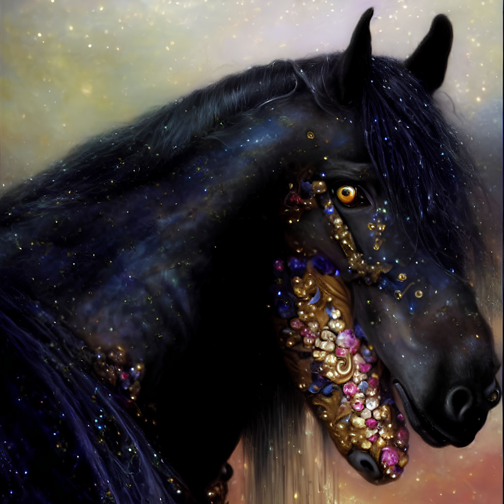 Majestic black horse with cosmic star-filled mane and golden jeweled bridle