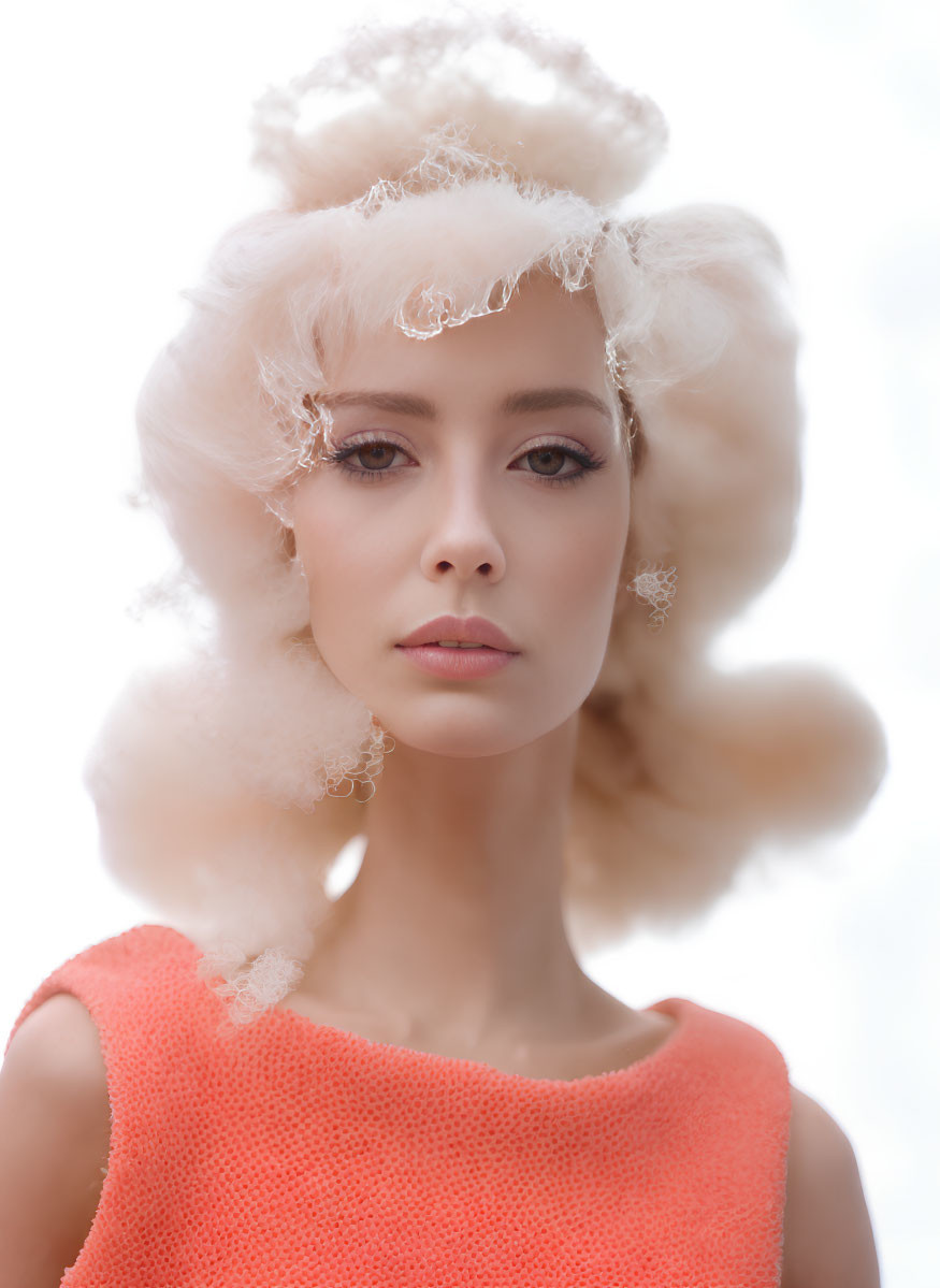 Avant-garde white hair styled in intricate updo, snowflake earrings, coral top.