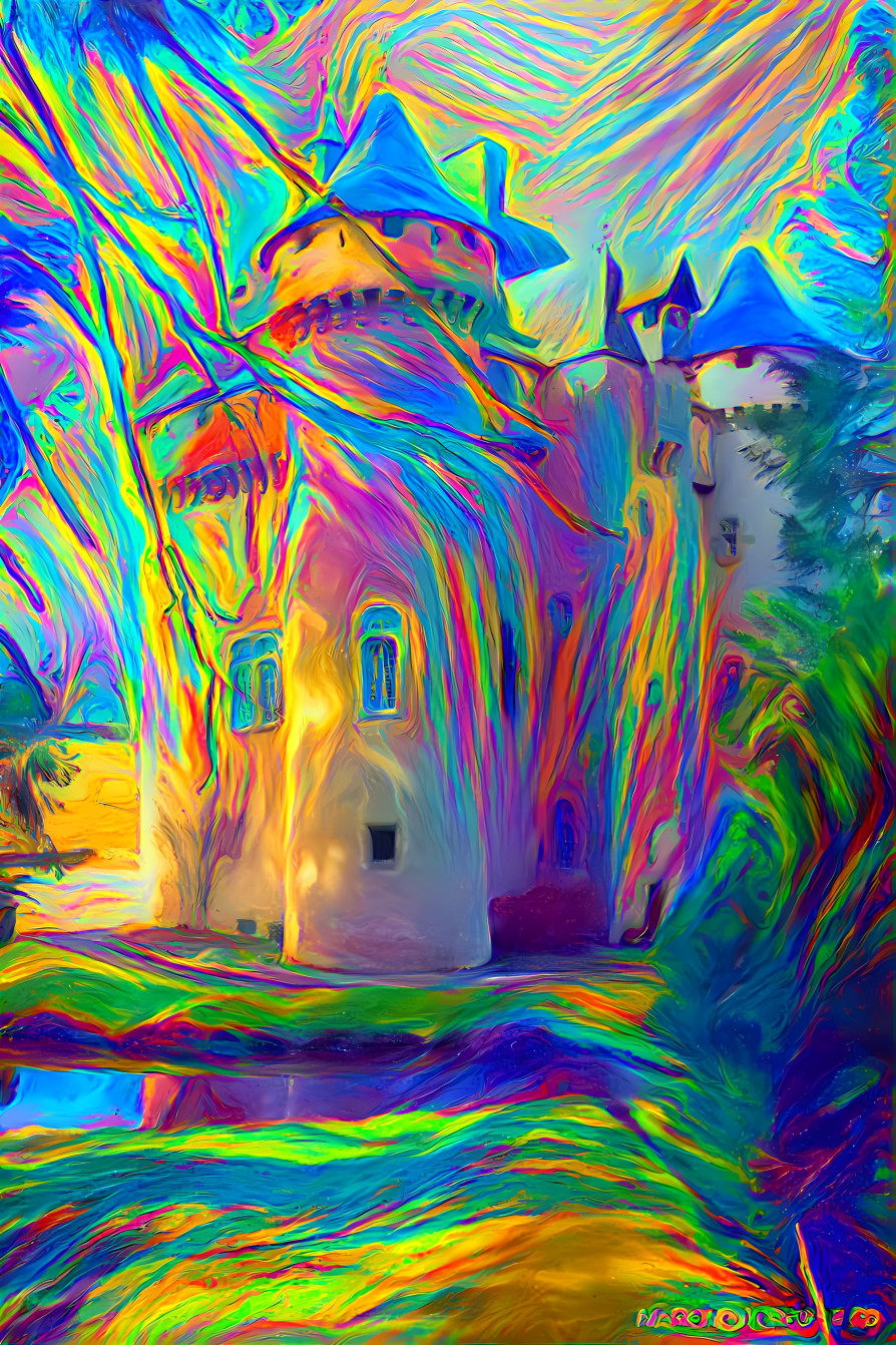 castle painting, swirls, psychadelic, rainbow