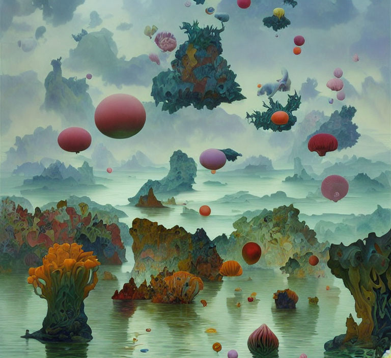 Colorful surreal landscape with floating islands and orbs above calm waters