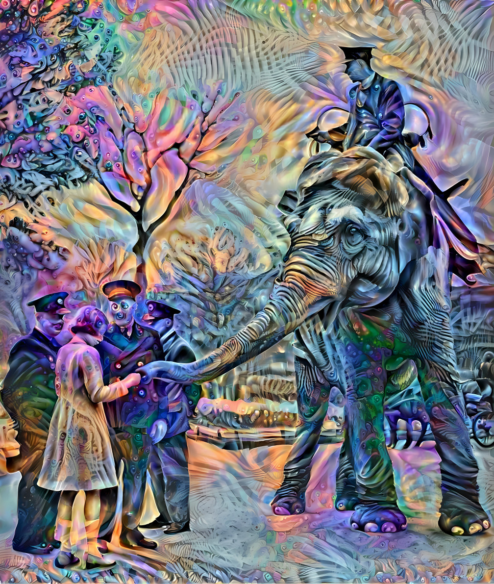 the queen looks at elephants trunk, iridescent