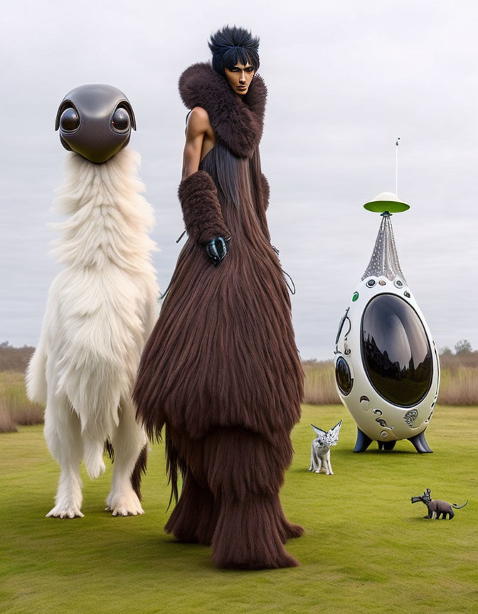 Stylish person with blue hair and futuristic sunglasses next to fantasy creatures and spaceship on grassland