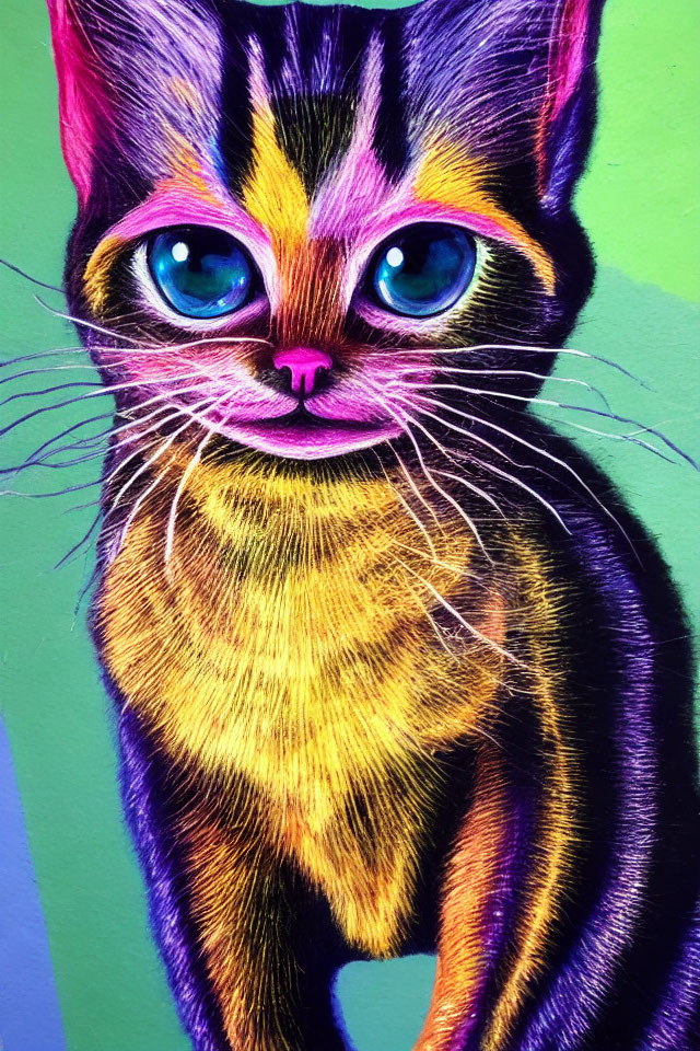 Colorful Cat Illustration with Blue Eyes and Brush Strokes in Purple, Yellow, and Black