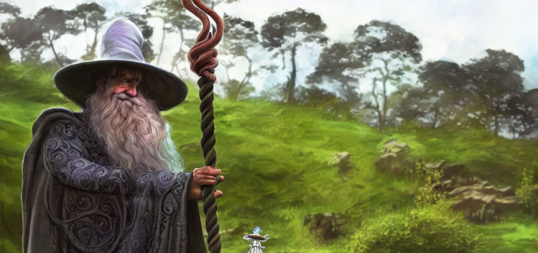 Wizard with Long Gray Beard and Purple Hat in Lush Forest Clearing
