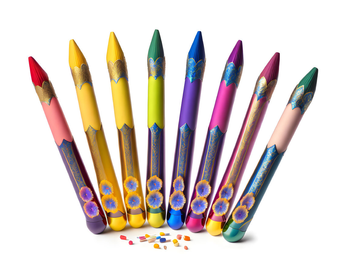 8 crayons fanned out, posing for a still life