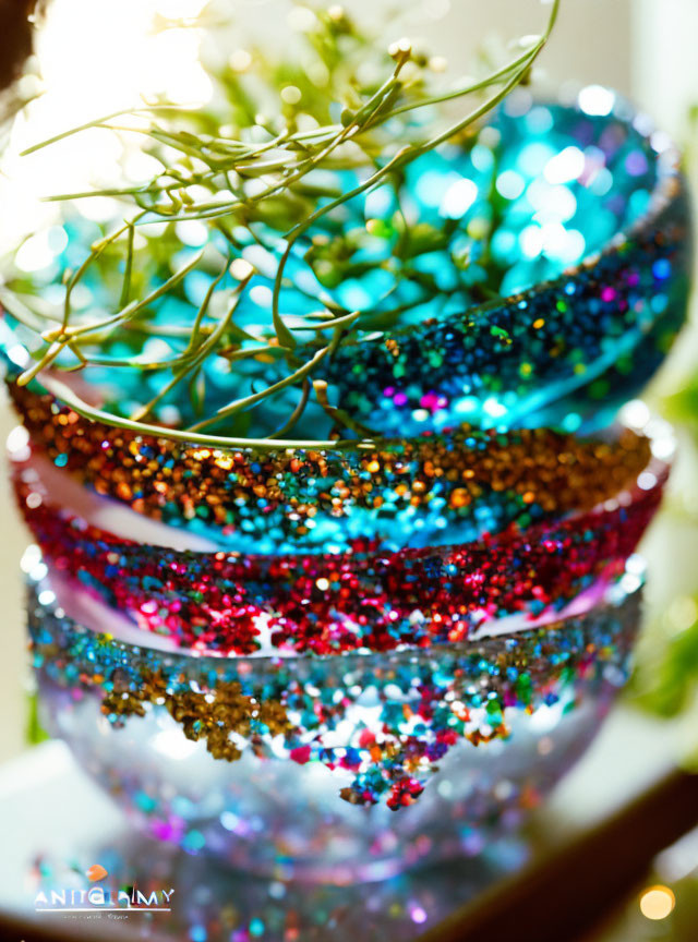 glittering transparent stacked colored glass bowls