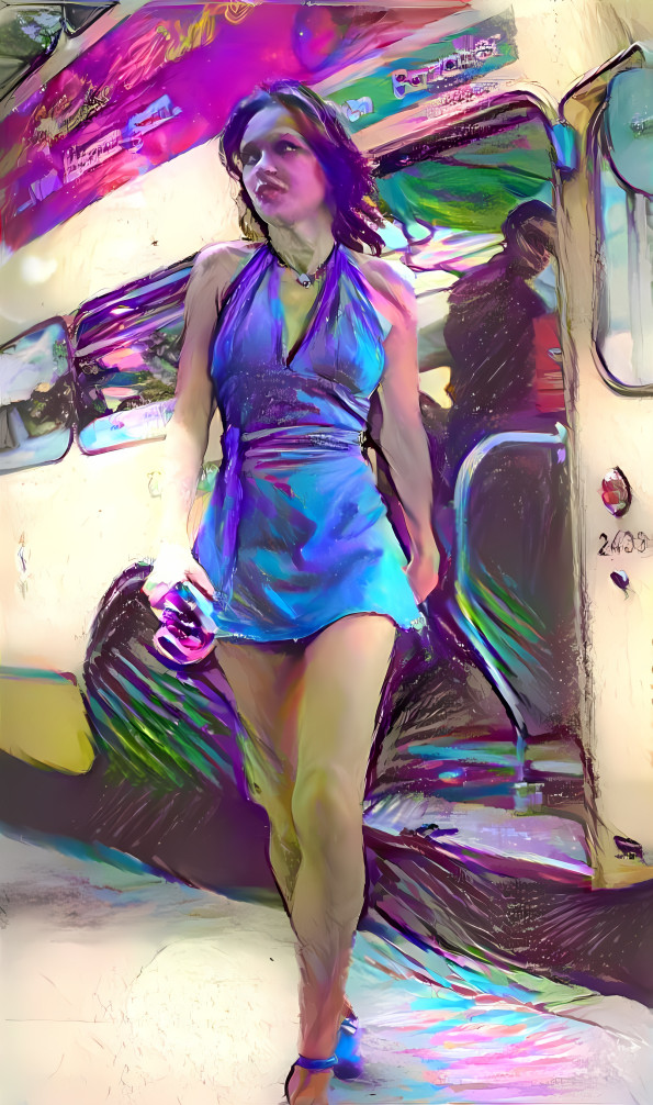 model steps off bus in the 1970s, blue, yellow