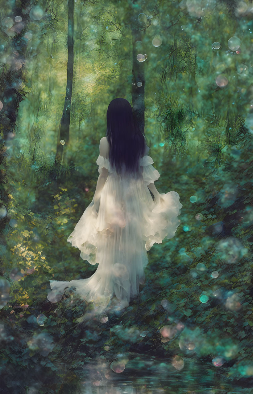 dreamy ghostly girl in forest, watercolor & ink