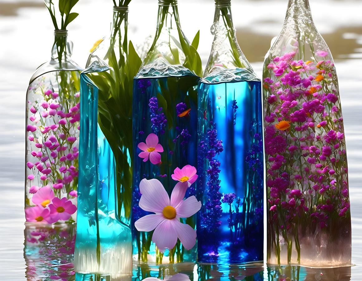 Colorful Water and Flower-filled Glass Bottles Reflected on Wet Surface