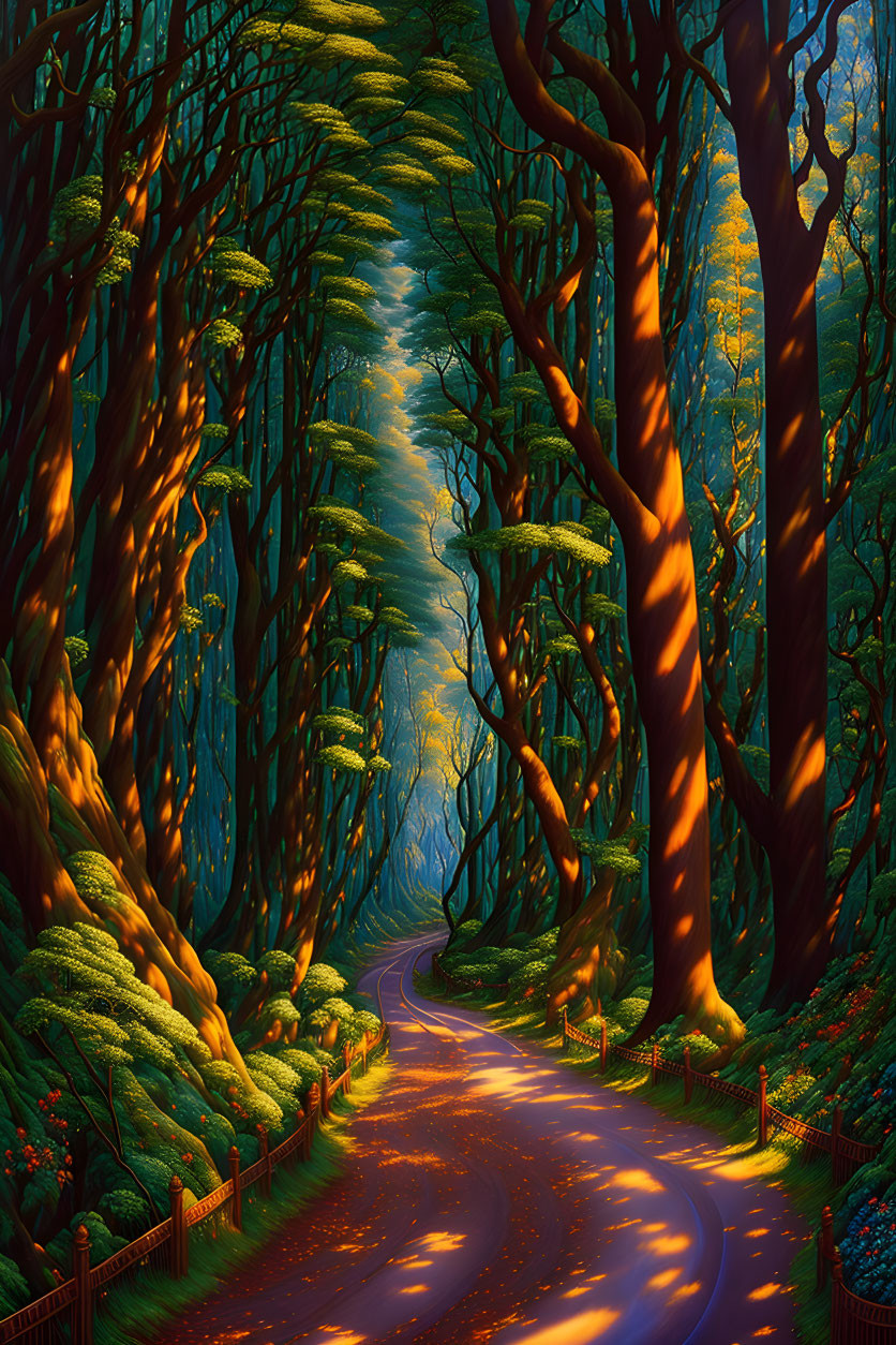 Scenic image of a winding road through an enchanted forest at sunrise or sunset