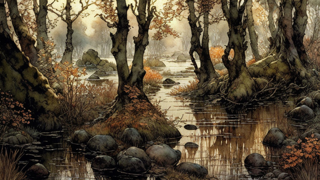 ai, wetland watercolor, boulders, trees