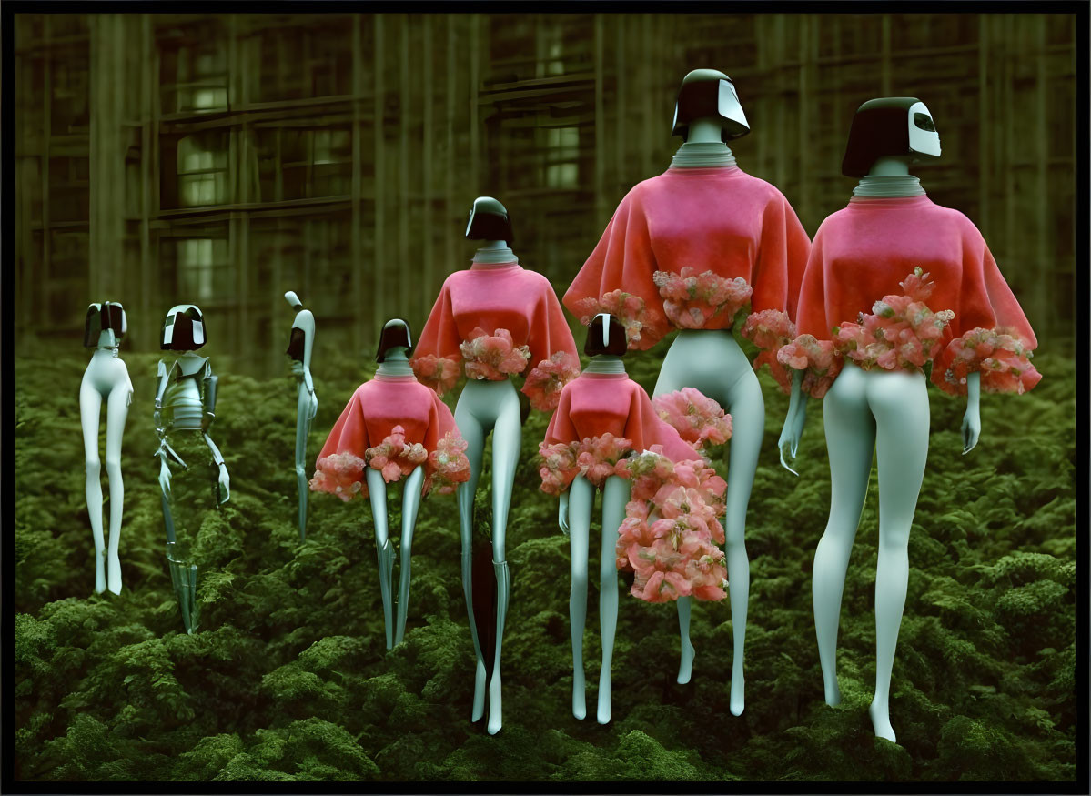 tall somber mushroom robot women, glitch pop art