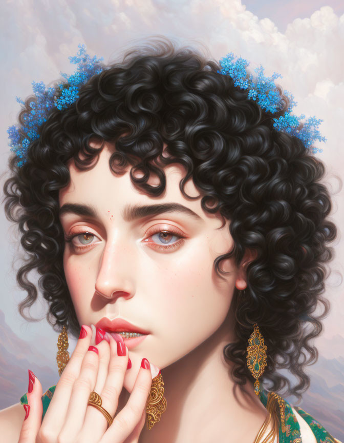 Woman portrait with curly black hair, blue flowers, gold earrings, and polished nails on soft cloudy backdrop