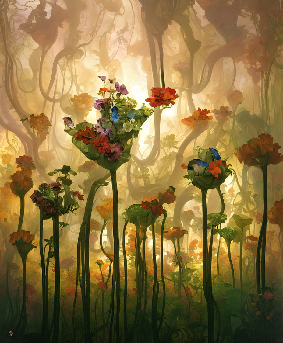 Whimsical forest illustration with towering flowers and misty trees