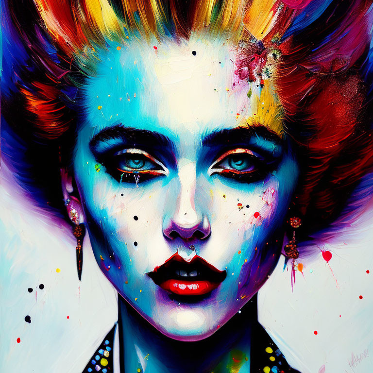 Vibrant rainbow hair and splattered paint effects on woman's portrait