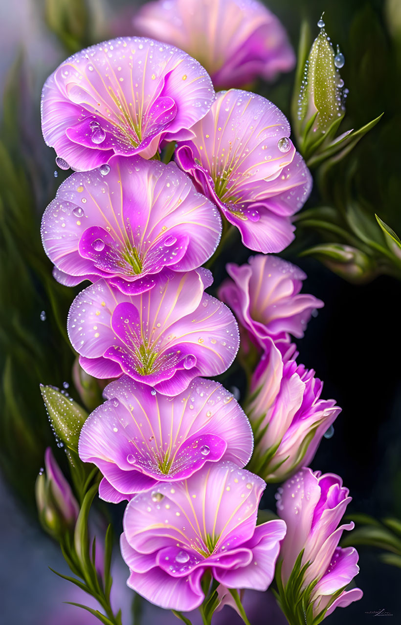 closeup portrait, dew drops on lisianthus flowers