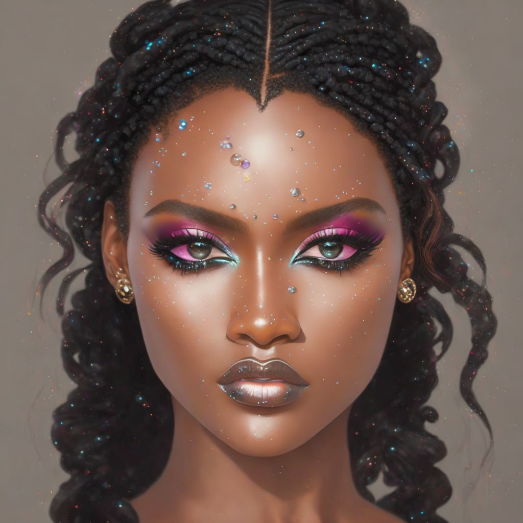 black woman, glowing makeup, braided hair, pop art