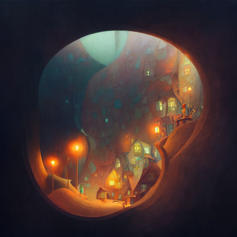 Surreal illustration: cozy village in cavern with warm glow