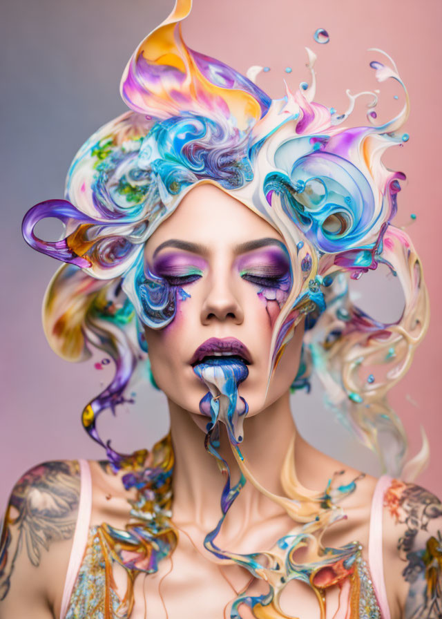 swirly 3D impasto sugery paint hair woman headshot