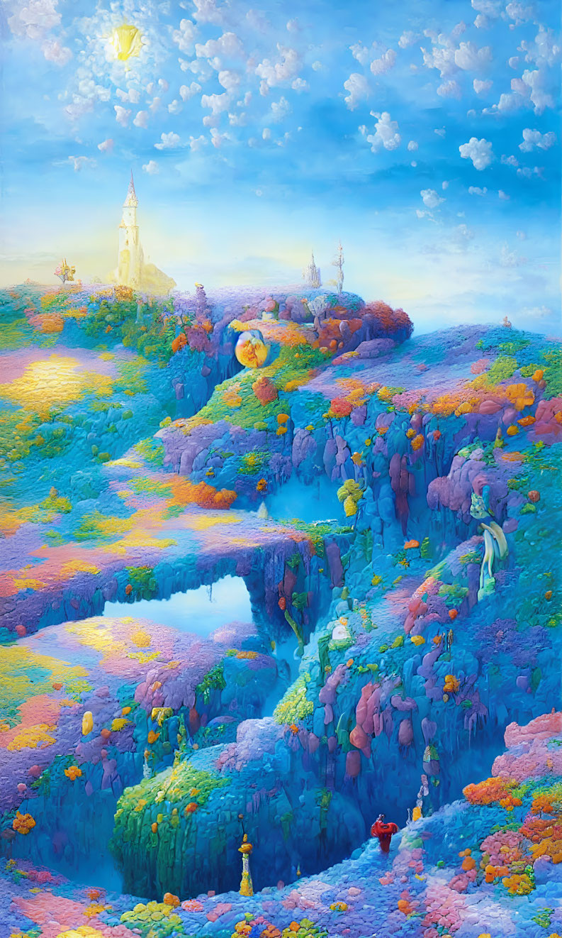 Fantastical landscape with castle, colorful flora, and whimsical figures