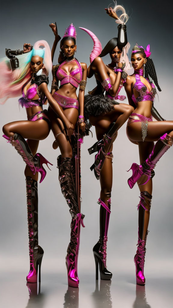 Four Women in Elaborate Pink and Black Costumes with High-Heeled Boots on Gradient Background