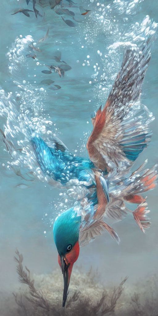 Colorful kingfisher diving underwater surrounded by fish and bubbles