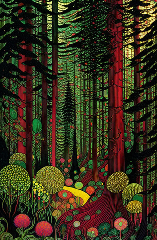 Colorful Forest Scene with Red Trees and Luminous Undergrowth
