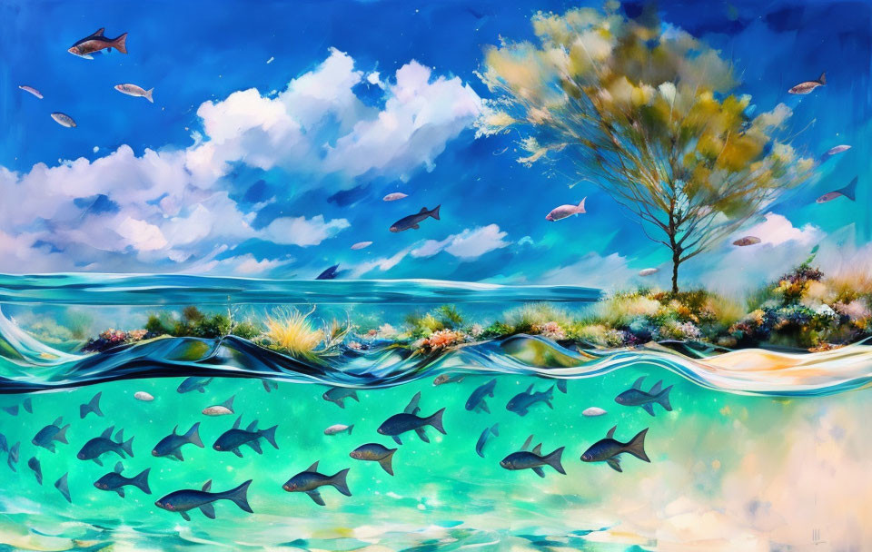 Colorful underwater scene with fish, sky, clouds, and island tree