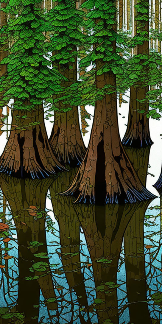 forest reflection pencil sketch illustration, flat