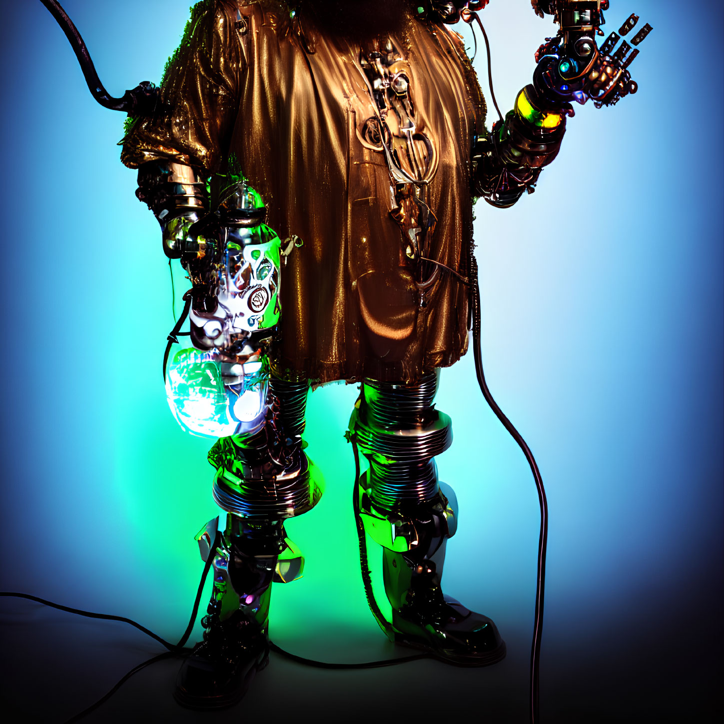 Futuristic steampunk costume with robotic limbs and vibrant lighting