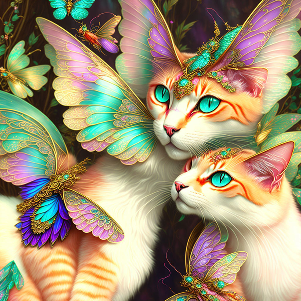 orange purple fairy cat teal, gold dragonfly wings