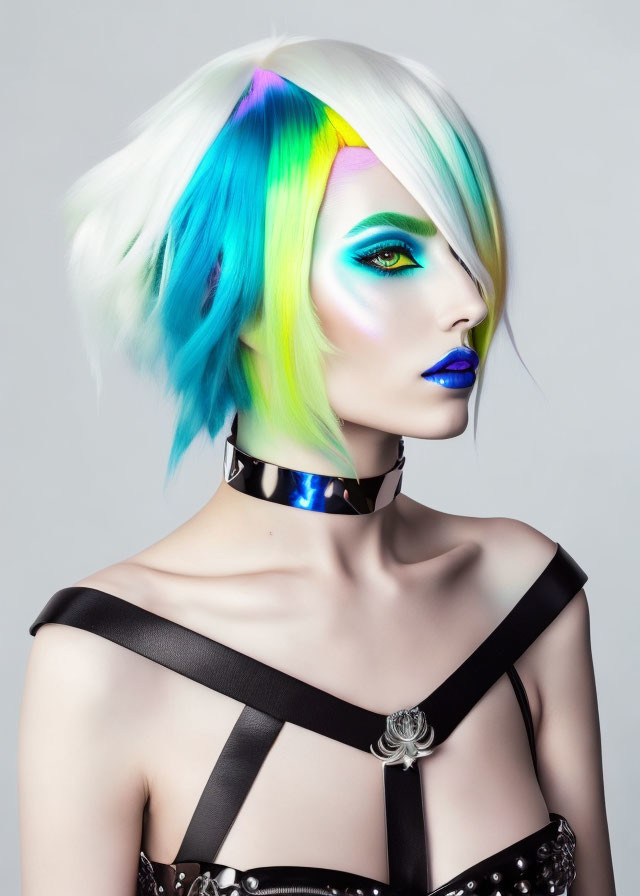 Vibrant multicolored hairstyle, bold makeup, choker, and silver pendant outfit