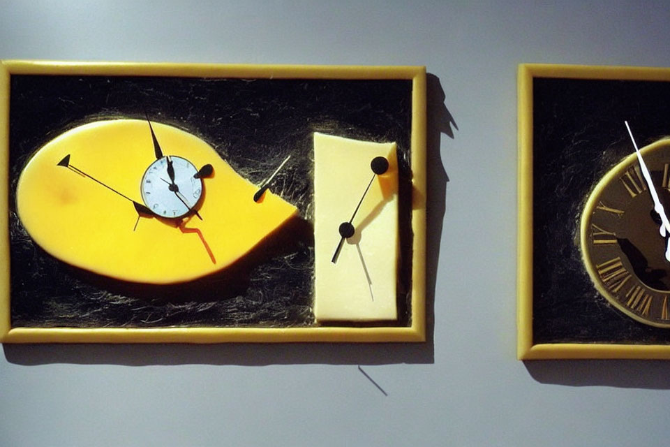 Distorted melting wall clocks on grey background in surrealist style