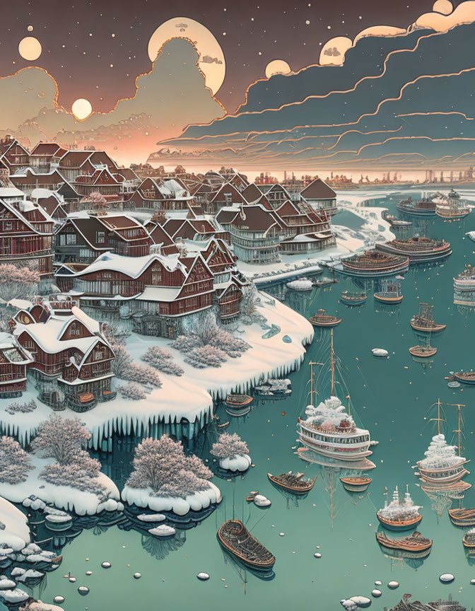 icy coastal urban landscape, houses, boats
