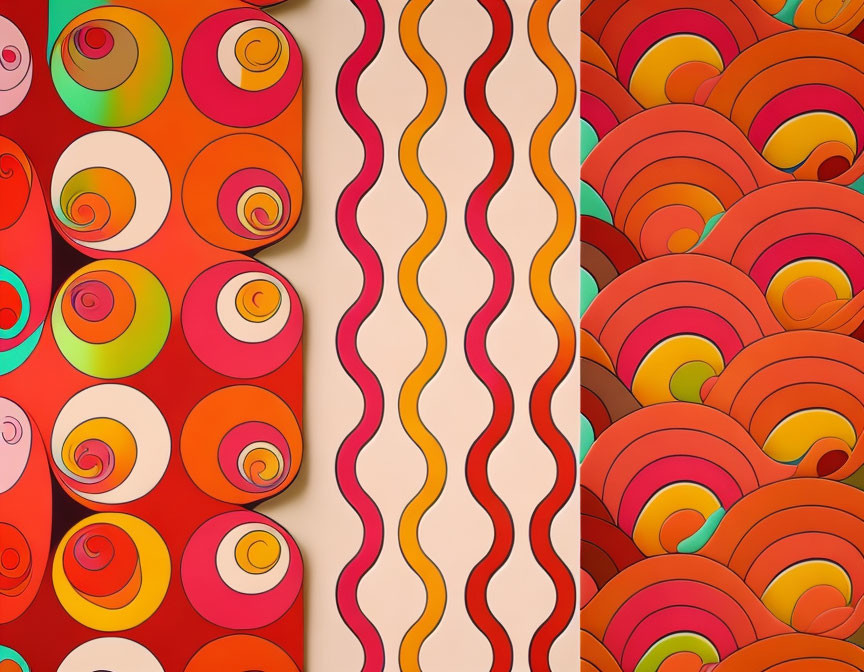 Vibrant Abstract Pattern with Geometric Shapes and Swirls in Red, Orange, and Be