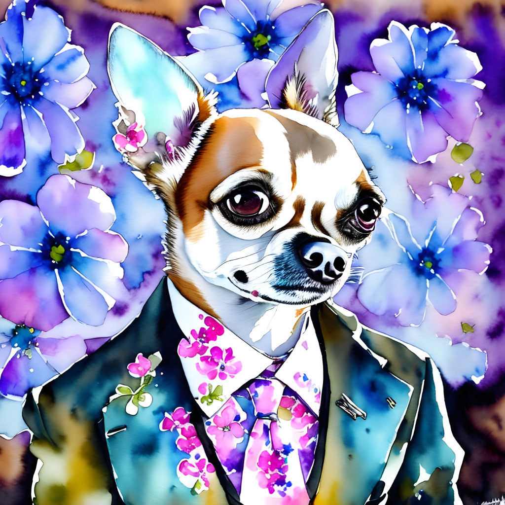 ai, bust shot of a chihuahua in a suit, flowers bg