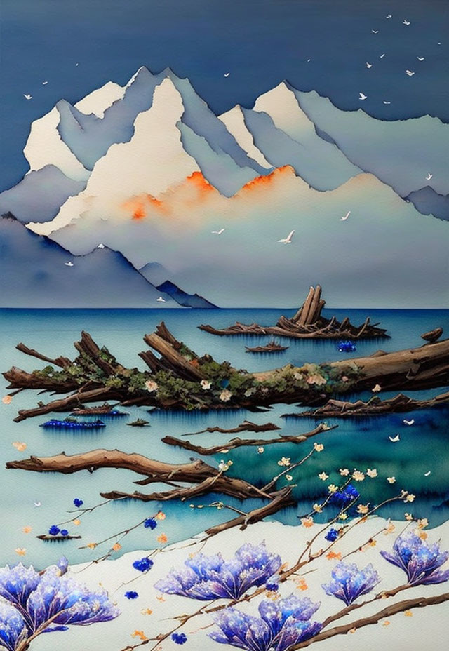 driftwood, cedar, small blue iris flowers painting