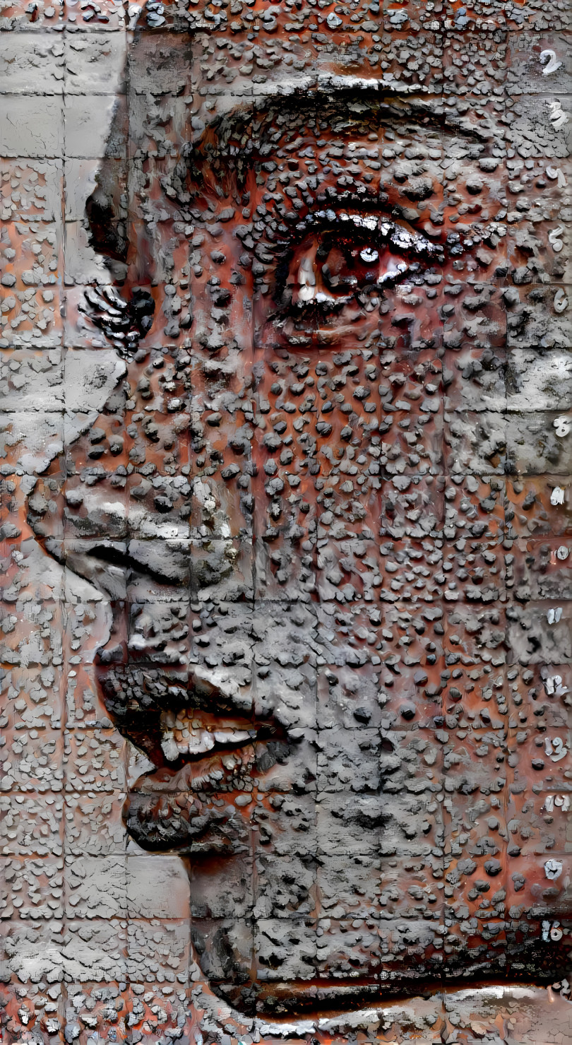 model, face, closeup, side profile, mud, grid