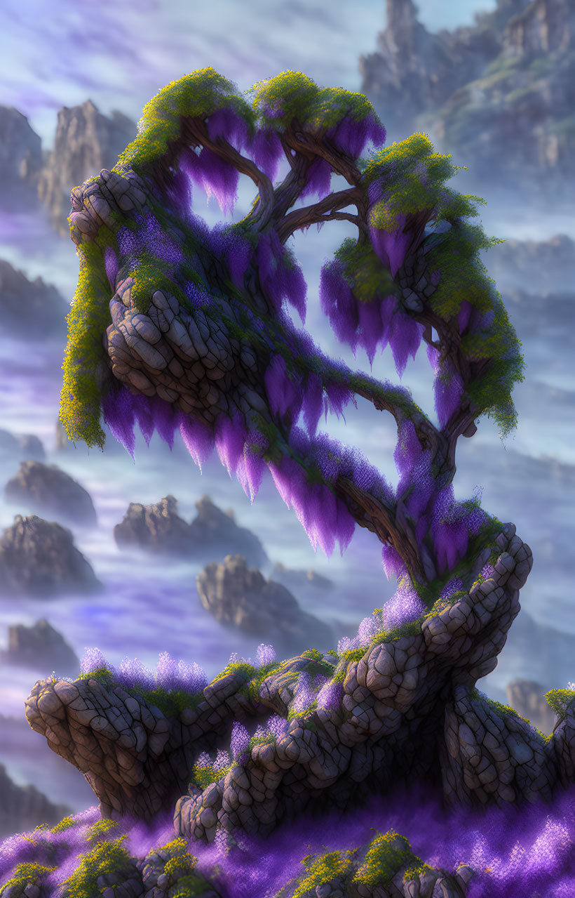thick crooked dwarf wisteria tree, rocky cliff