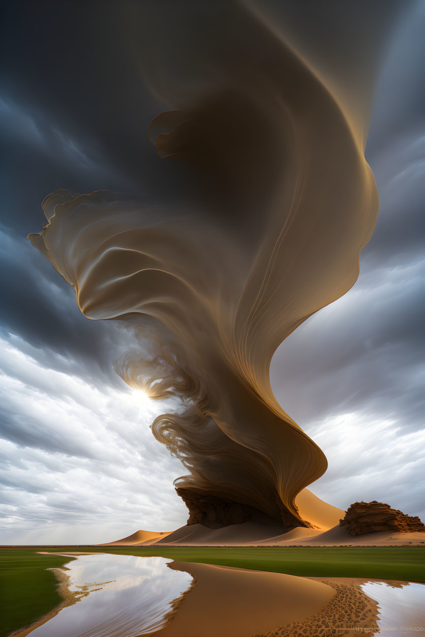 Surreal desert landscape with swirling sand structure under dramatic sky