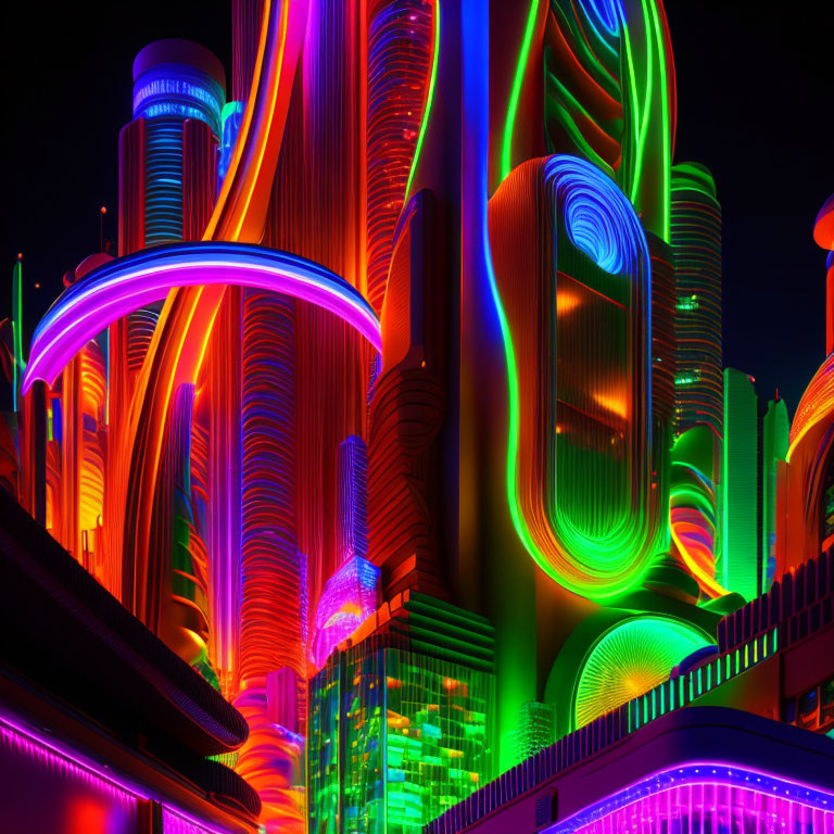 Futuristic city architecture with vibrant neon lights and towering skyscrapers