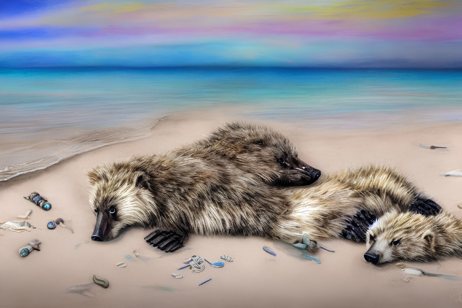 Raccoons on polluted beach with colorful skies and waste.