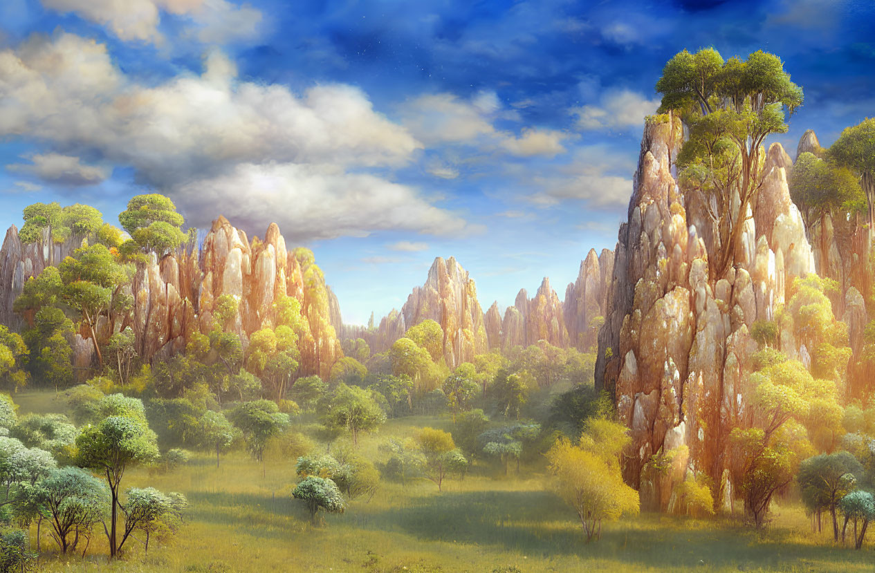 Landscape with towering rock formations and lush greenery under a partly cloudy sky