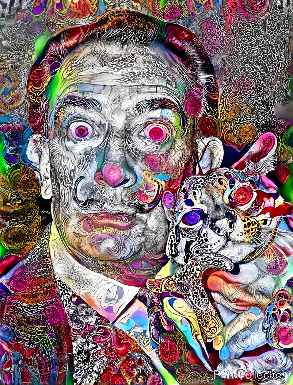 salvador dali holding cat, doodle art colored in