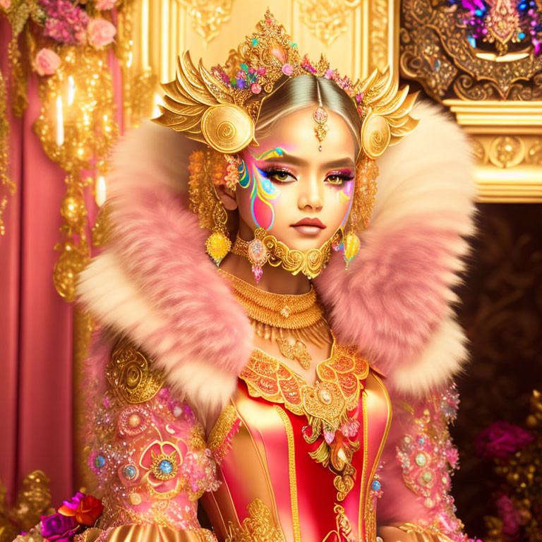Intricate digital artwork of character adorned in gold jewelry and vibrant makeup against regal backdrop
