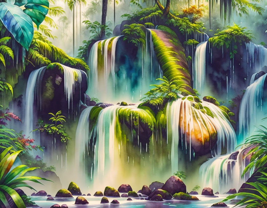 Amazon Rain Forest Waterfall - watercolor