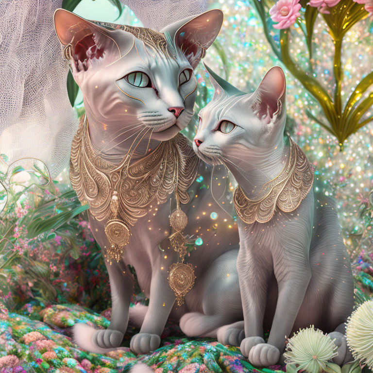 Ornately adorned cats with jewelry on ethereal background