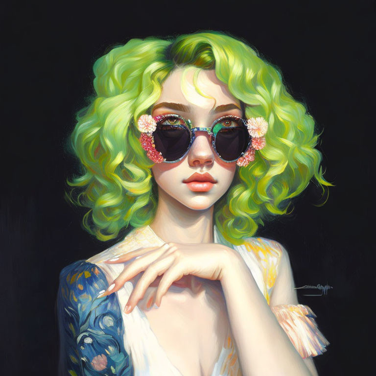 ai, green hair glasses girl painting