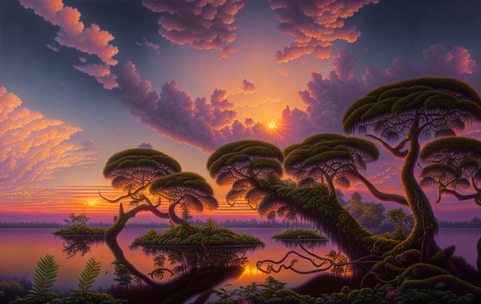 Fantastical landscape with stylized trees and serene lake at sunset