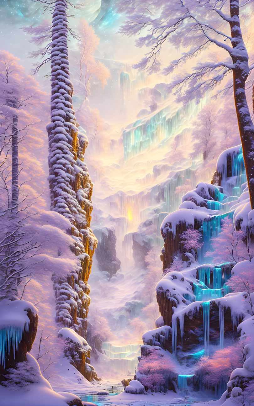 giant tree & waterfalls in icy fantasy landscape
